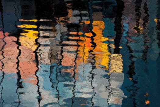 Experience the vibrant interplay of colors in this abstract depiction of city life reflected on water. The dynamic patterns evoke a sense of movement and tranquility.