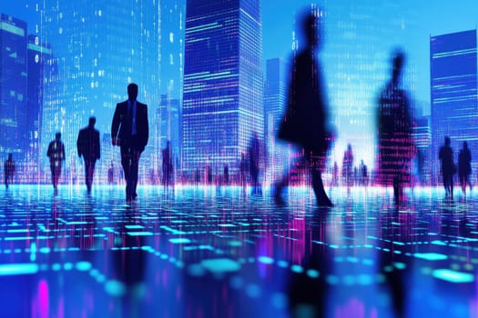 A vibrant city skyline filled with digital data points and silhouettes of people walking. This image combines modern architecture with technology, creating a futuristic urban atmosphere.