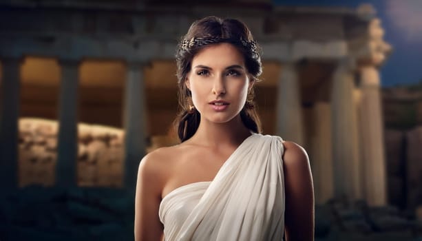 pretty young woman from ancient greece dressed in white, AI generated image