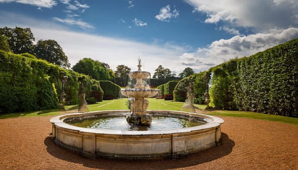 ancient baroque fountain in garden park, AI generated image