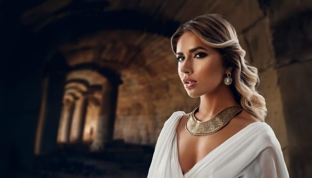 pretty young ancient roman woman dressed in white, AI generated image