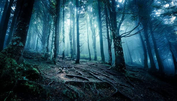 deep dark forest natural landscape scenery, AI generated image