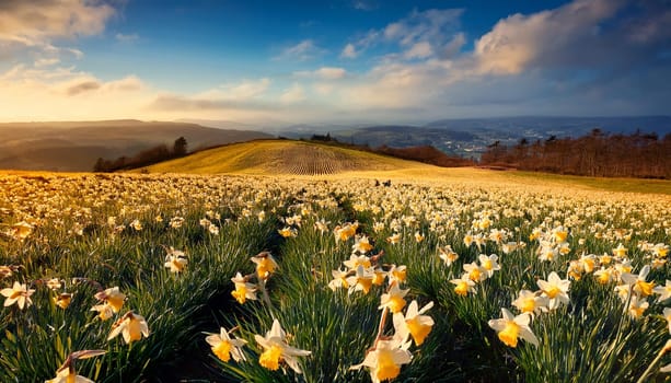 field of barley daffodyls flowers background, AI generated image