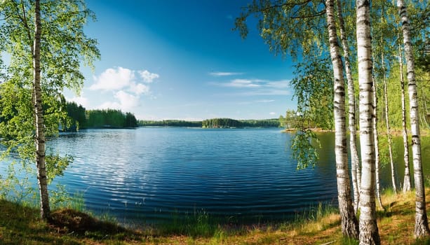 finnish lake panorama with birch trees, AI generated image