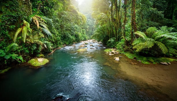 natural rainforest river landscape scenery, AI generated image