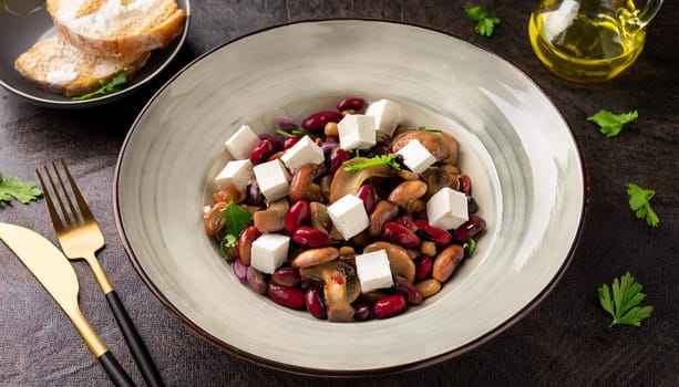 shiitake mushrooms white cheese cubes and crimson beans salad, AI generated image