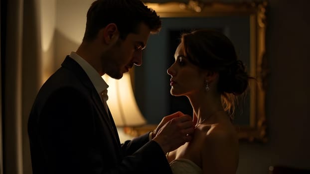A man fastens a necklace on a womans neck in front of a mirror, with soft romantic lighting enhancing the moment. High quality photo
