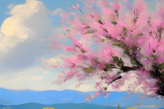 spring nature meadow field yellow flowers green grass pink trees blue sky white clouds air blue sky beautiful landscape background. High quality photo alt summer day park travel sakura generated ai Province