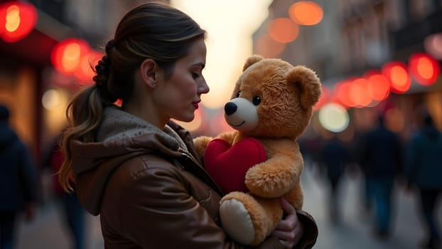 A woman holds a teddy bear with a heart on its paws against a city street backdrop lit by evening garlands. High quality photo