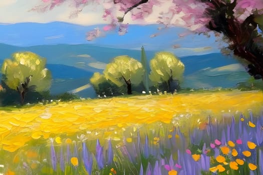 spring nature meadow field yellow flowers green grass pink trees blue sky white clouds air blue sky beautiful landscape background. High quality photo alt summer day park travel sakura generated ai Province