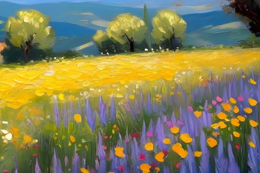 spring nature meadow field yellow flowers green grass pink trees blue sky white clouds air blue sky beautiful landscape background. High quality photo alt summer day park travel sakura generated ai Province
