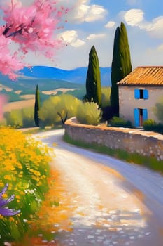 spring nature meadow field yellow flowers green grass pink trees blue sky white clouds air blue sky beautiful landscape background. High quality photo alt summer day park travel sakura generated ai Province