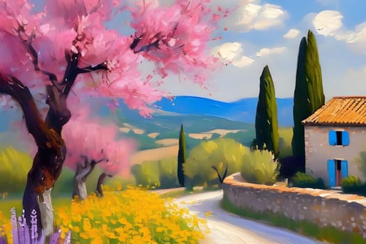 spring nature meadow field yellow flowers green grass pink trees blue sky white clouds air blue sky beautiful landscape background. High quality photo alt summer day park travel sakura generated ai Province