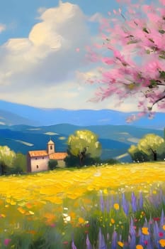 spring nature meadow field yellow flowers green grass pink trees blue sky white clouds air blue sky beautiful landscape background. High quality photo alt summer day park travel sakura generated ai Province