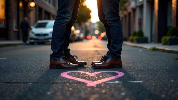 A sweet moment as two people decorate a city sidewalk with hand-drawn hearts, symbolizing their love. High quality photo