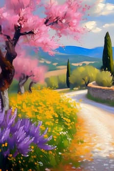 spring nature meadow field yellow flowers green grass pink trees blue sky white clouds air blue sky beautiful landscape background. High quality photo alt summer day park travel sakura generated ai Province