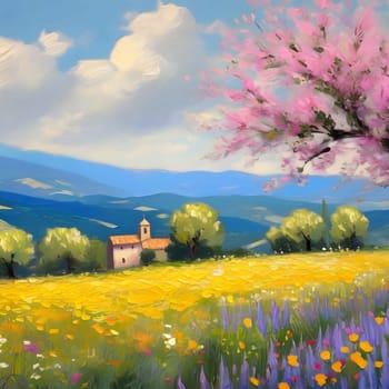 spring nature meadow field yellow flowers green grass pink trees blue sky white clouds air blue sky beautiful landscape background. High quality photo alt summer day park travel sakura generated ai Province