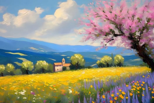 spring nature meadow field yellow flowers green grass pink trees blue sky white clouds air blue sky beautiful landscape background. High quality photo alt summer day park travel sakura generated ai Province
