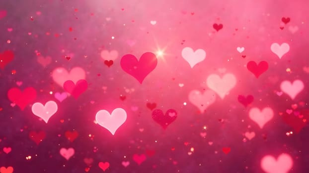 Hearts aligned in elegant, wavy shapes with subtle sparkles and gradient hues, evoking a dreamy and whimsical romantic atmosphere. High quality photo