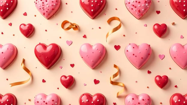 Heart-shaped treats and caramel ribbons arranged with uniform spacing on a soft beige or brown surface, perfect for creating a sweet and romantic texture. High quality photo