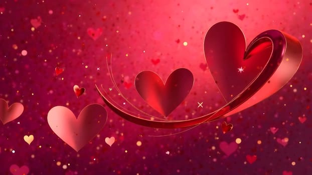 Geometric hearts, arrows, and spirals blend seamlessly into a bold red and pink gradient, with golden details adding depth and elegance to the composition. High quality photo