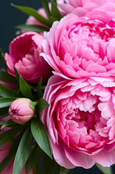 pink peonies flowers nature plants green leaves beautiful bouquet. High quality illustration generated ai alt