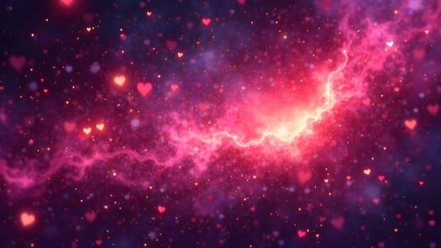 Hearts and stars shine amidst a swirling galaxy of pink, purple, and gold tones, creating a magical, otherworldly photo with a romantic touch. High quality photo