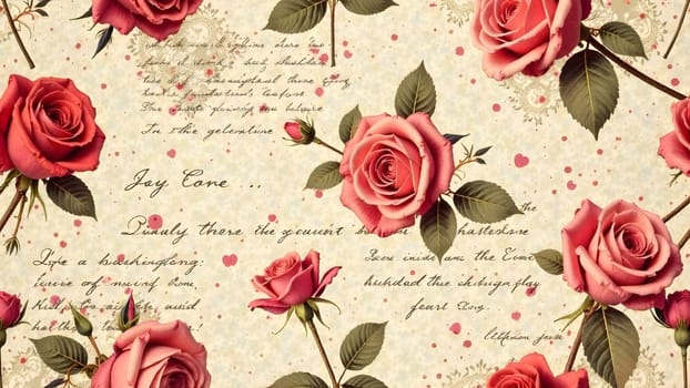 A symmetrical photo featuring faded roses, delicate antique lace details, and handwritten love letters arranged seamlessly in sepia tones. High quality photo