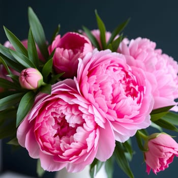 pink peonies flowers nature plants green leaves beautiful bouquet. High quality illustration generated ai alt