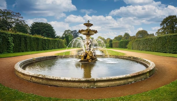 ancient baroque fountain in garden park, AI generated image