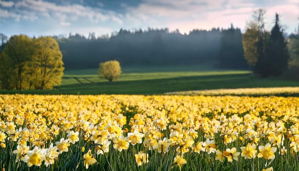 field of barley daffodyls flowers background, AI generated image