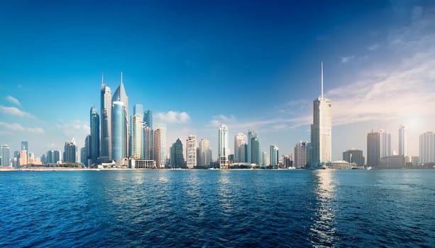 modern city skyline seen from the sea, AI generated image