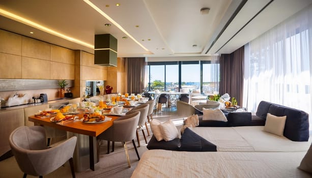 modern hotel breakfast room interior, AI generated image