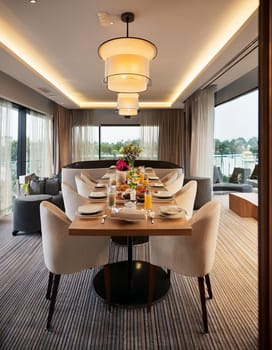 modern hotel breakfast room interior, AI generated image