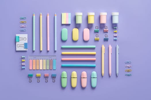Pastel-colored stationery neatly arranged on a light purple background. Workplace organization. Back to school concept.