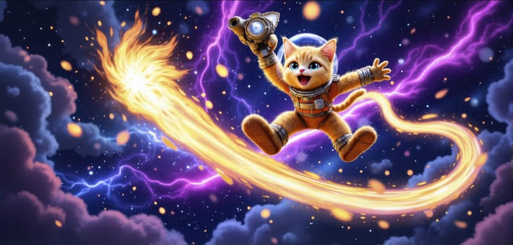 A cartoon cat is flying through space with a spaceship. The cat is holding a gun and is surrounded by a bright, colorful explosion. Scene is playful and adventurous