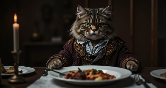 A cat is dressed in a suit and sitting at a table with a plate of food. Scene is playful and whimsical, as the cat is not a real person but rather a cartoon or a drawing