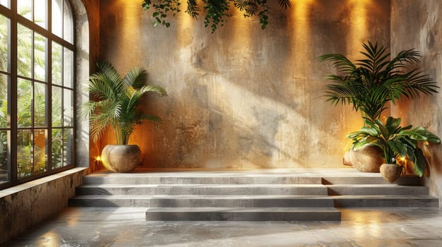 This serene interior features a spacious area with elegant stone steps, adorned with vibrant potted plants. Soft natural light filters through large windows, creating a warm ambiance.