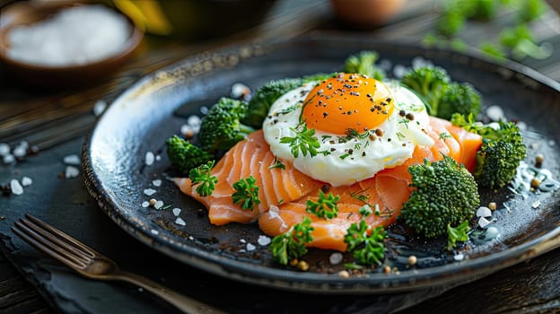 A gourmet plate features salmon fillets layered with a sunny-side-up egg, surrounded by vibrant green broccoli, herbs, and a sprinkle of sea salt, showcasing culinary artistry.