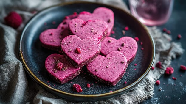 Delicate raspberry-flavored desserts shaped like hearts are arranged neatly on a dark plate.