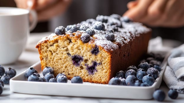 Freshly baked blueberry loaf cake is garnished with powdered sugar and surrounded by blueberries on a white plate, perfect for a comforting morning treat with coffee.