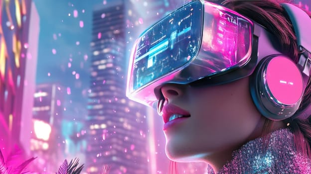 A person engaged in a virtual reality experience wears a headset and headphones, surrounded by colorful neon lights in a bustling cityscape at night. The atmosphere is energetic and futuristic.