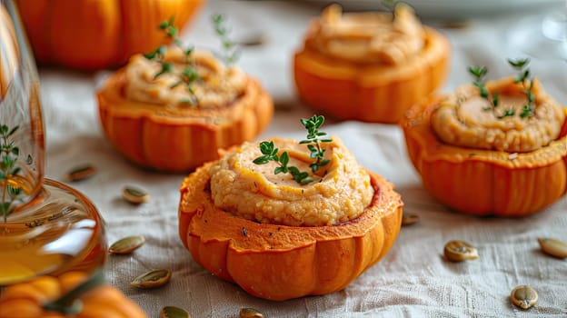 Miniature pumpkins are filled with a creamy mixture, garnished with fresh herbs, arranged on a cloth-covered table. Perfect fall appetizer for gatherings.