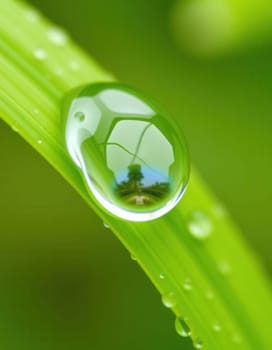 Water drop on green grass close-up macro shot
