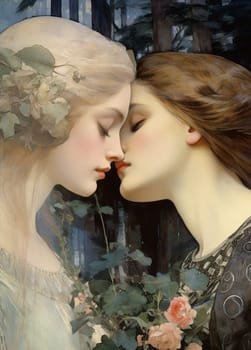 The woman with delicate white flowers in her blonde hair and wearing a translucent garment, and the woman with rich brown hair is wearing an elegant dress with intricate patterns. They are surrounded by lush foliage and soft pink roses against a dusky forest backdrop.
