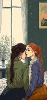 An intimate and soulful moment between two women in a cozy, warmly lit room. One of them, with her dark wavy hair tied back, is wearing a green blouse, while the other, with her russet hair gathered in a ponytail, is wearing a blue blouse and mustard skirt. They sit close together, exchanging gentle and affectionate touches. In the background are a window through which soft natural light streams in, a potted plant, a dark wall and an unmade bed