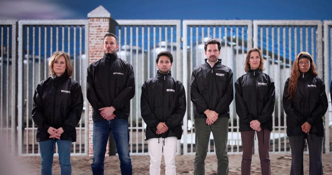 Diverse team of security guard officers safeguarding facility entrance gate.