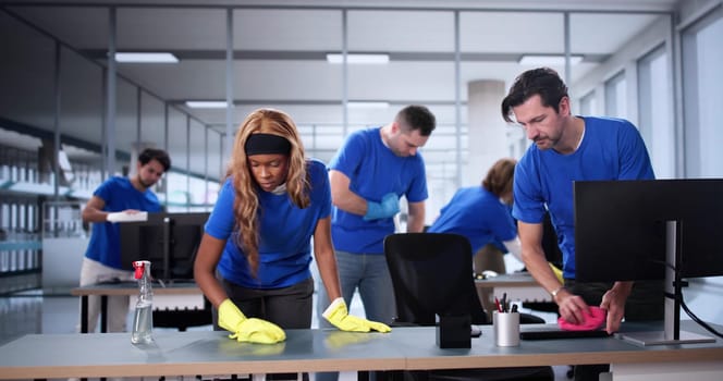 Diverse Cleaning Team Provides Professional Janitor Services in Office Setting