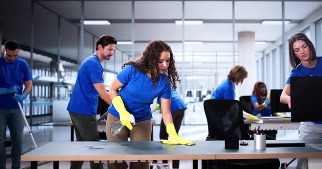 Diverse cleaning team professionally services office with caution and teamwork.