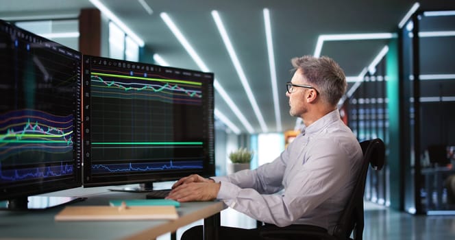Stock Market Broker Looking At Graphs On Multiple Screens In Office